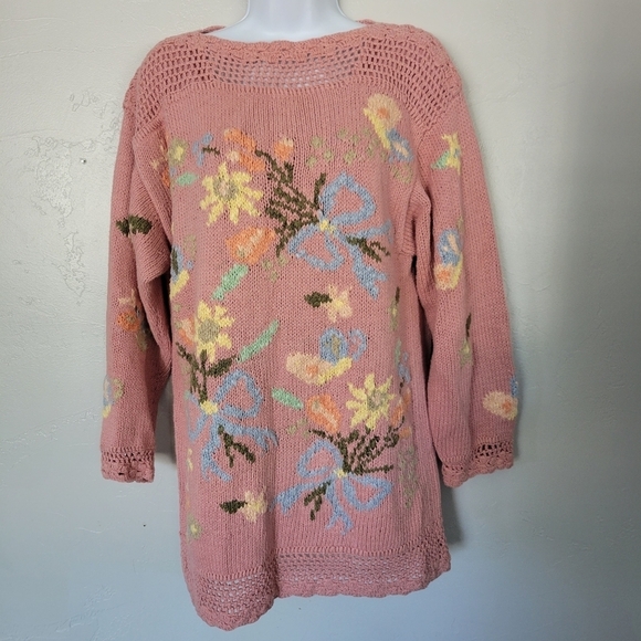 Vintage Melbourne Elements Sweater Hand Knit Pink Floral Bouquet Medium 90s - Picture 1 of 7